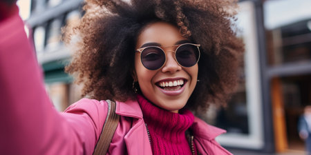 Beautiful dark skinned woman likes selfie smiles pleasantly holds mobile camera with extended hands wears stylish pink jacket and kerchief on head takes photo on smartpho : Generative AIの素材