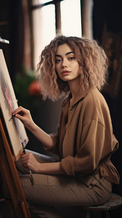 Portrait of young talented female artist making sketches with brightful oils drawing on easel having pleasant smile Smiling painter being busy with her work at workshop A : Generative AIの素材