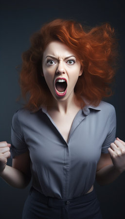 Portrait of young shocked redhead woman wearing sleeveless shirt with spots looking desperate or panic keeping mouth wide open and making helpless gesture with her hands  : Generative AIの素材