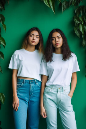 Two diverse young women stand next to each other keep lips folded want to kiss someone have curly bushy hair wear casual clothes isolated over blue background Human face  : Generative AIの素材
