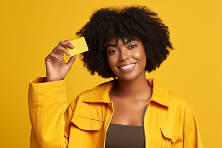 Cheerful funny dark skinned African American female stretches chewing gum from mouth shows white teeth wears fashionable blouse isolated over yellow bright studio backgro : Generative AIの素材