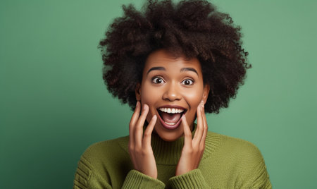 Portrait of cheerful surprised mysterious young woman keeps hands near mouth wshispers secret wears round spectaclesandd casual jumper shares gossips with you isolated ov : Generative AIの素材