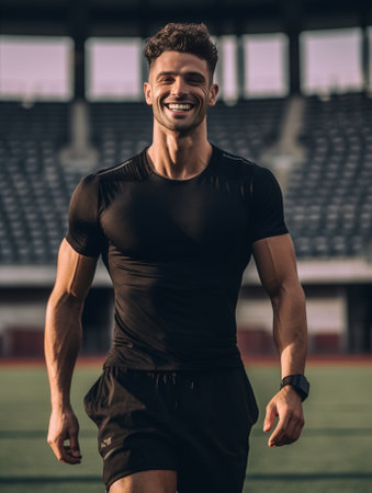Full length shot of active muscular adult man raises legs warms up before workout wears black t shirt shorts and sneakers trains outdoors in urban setting Healthy lifesty : Generative AIの素材
