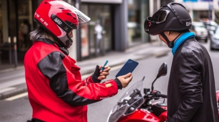 Good looking young female biker wears red stylish bandana stops motorbike as recieves text message on mobile phone types answer Fashionable woman driver uses modern elect : Generative AIの素材