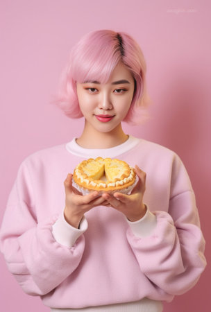Happy joyful woman covers eye with delicious glazed doughnut laughs happily dressed in casual knitted sweater poses indoor against beige background has sweet tooth breaks : Generative AIの素材
