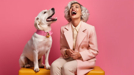 Happy overjoyed African American female feels glad as dalmatian dog smells her and shows devotion isolated on pink background Cheerful dark skinned woman with favourite p : Generative AIの素材