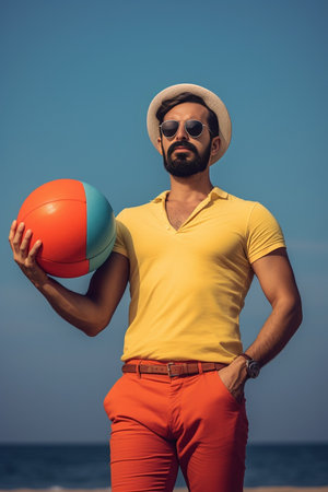 Dissatisfied Afro man being in low spirit wears swimcap and lifejacket doesnt want to swim male companion looks at him holds beachball keeps hand on goggles Friends spend : Generative AIの素材