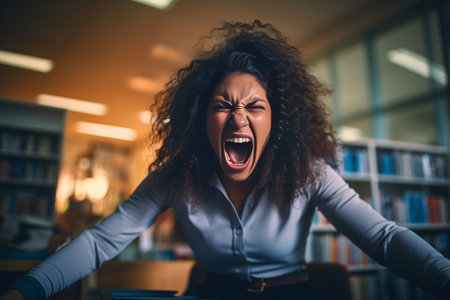 Human facial expressions emotions feelings and attitude Tired sleepy Afro American student covering opened mouth with fist while yawning sitting at desk with books prepar : Generative AIの素材