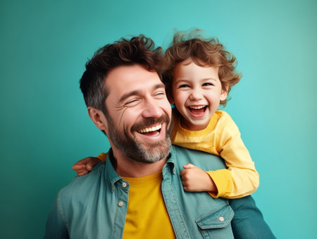 Photo of playful dad and child love each other mother stands near and smiles come in cinema for watching interesting movie enjoy leisure time eat popcorn isolated on blue : Generative AIの素材