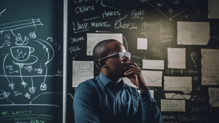 Headshot of serious pensive young African math teacher in casual shirt looking aside with thoughtful expression standing at blackboard in classroom waiting for his studen : Generative AIの素材