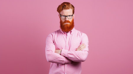 Pleasant looking delightul youg male in round eyewear keeps finger on lips asks not tell secret information or keep silence isolated over pink background Attractive beard : Generative AIの素材