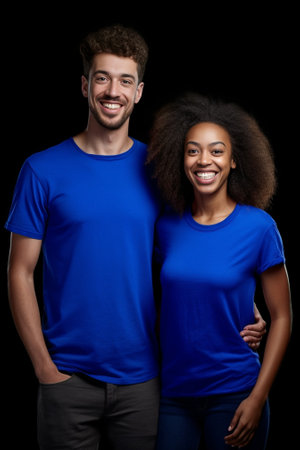 Photo of happy Afro American young woman leans at shoulder of husband smile happily have dark skin pleased to have healthy sleep and weekend isolated over blue background : Generative AIの素材