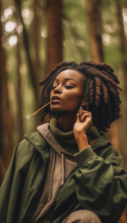 Profile of cute stylish African girl with curly hair spending free time in park breathing fresh air and contemplating nature standing against green wood background with c : Generative AIの素材