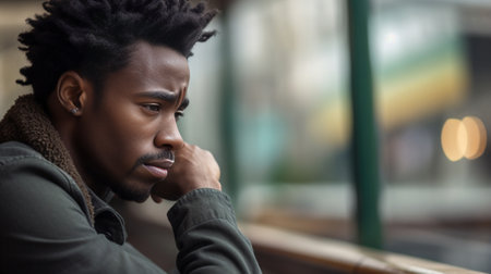 Miserable pathetic young African male about to busrt out crying feeling unhappy and upset after breaking up with his girlfriend looking away with disappointed and painful : Generative AIの素材