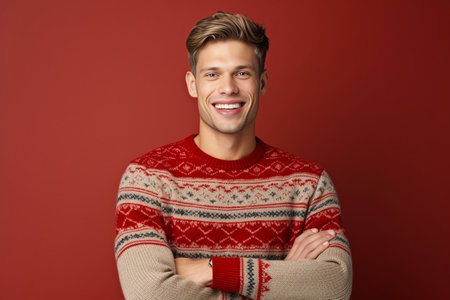Pick best choice Cheerful unshaven man brags item on sale in mall points thumb and recommends product wears casual red jumper isolated over rosy background Check it out p : Generative AIの素材