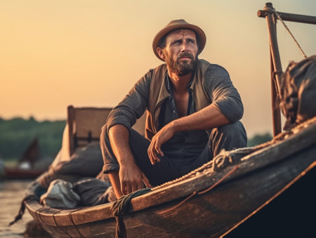 Strict bearded annoyed fisherman clenches fist angrily looks with frowned face uses fishing nets keeps smoking pipe in mouth wears yellow overalls poses against blue back : Generative AIの素材