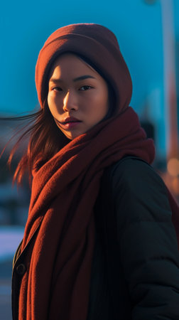 Pretty surprised young Asian woman holds pigtails dressed in outerwear isolated over blue background Eskimo female wears hat and coat lives in arctic place Winter time an : Generative AIの素材