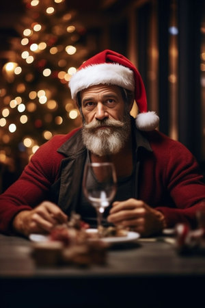 Merry Christmas and Happy New Year Attractive young bearded man wearing red hat with white fur relaxing indoors pretending to be Santa Claus laughing and opening his mout : Generative AIの素材