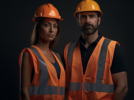 Talented construction workers look suspiciously at camera hold blueprint or sketch suspect that they should do much work again Untidy handyman and his female companion in : Generative AIの素材