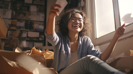Positive African American millennial girl laughs happily makes face palm wears soft pajama and blindfold works distantly on quarantine poses with papers sticky notes on b : Generative AIの素材