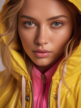 Photo of brunette young ill woman wears protective medical mask has infectional disease dressed in yellow raincoat covers head with hood looks aside isolated on pink back : Generative AIの素材