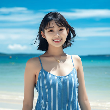 Portrait of slim beautiful female has appealing look happy expression wears summer clothes poses on sandy beach against green tropical vegetation has idyllic vacation or  : Generative AIの素材
