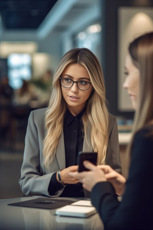 Photo of two happy girls use mobile phones for online communication sit next to each other in cafeteria enjoy wireless internet wears spectacles for good vision discuss d : Generative AIの素材