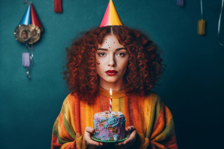 Waist up shot of unhappy ginger woman frowns face and looks dissatisfied at camera has bad mood after birthday celebration holds cupcake with burning candle and inflated  : Generative AIの素材
