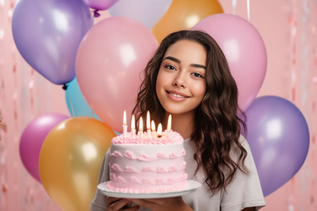 Photo of happy pleased brunette Asian lady stands with balloons enjoys cool party with friends wears beret and loose jumper celebrates anniversary poses against pink back : Generative AIの素材