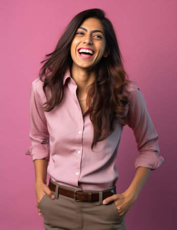 Satisfied young female with positive expression attracts your attention at copy space aside demonstrates some items in shop dressed in casual shirt has dark straight hair : Generative AIの素材