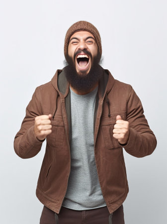 Smiling bearded young male model rejoices coming weekends dressed casually isolated over white background Positive pleased student being in good mood after successfully p : Generative AIの素材