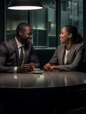 Successful dark skinned male and woman colleagues have pleased expressions happy to recieve salary or be promoted at work sit close to each other Smiling attractive Afric : Generative AIの素材