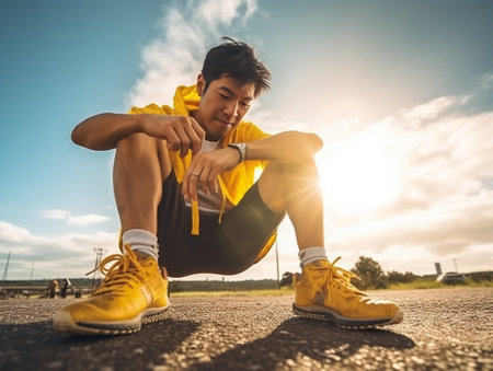 Top view jogging man runner tying running shoes before outdoor workout Smiling mixed race Asian Caucasian male runner and fitness sport model before work out : Generative AIの素材