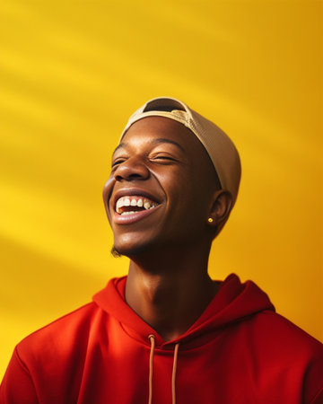 Stylish young Afro American male student with earring dressed in yellow Tshirt having surprised expression after recieving message from his groupmate finding out that he  : Generative AIの素材