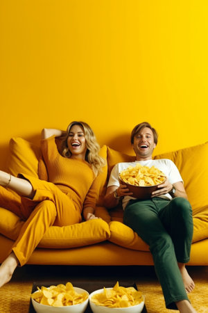 Young female and male touch stomaches feel satiety after eating hearty meal bites lips have good appetite dressed in casual outfit pose against yellow and purple wall Ple : Generative AIの素材