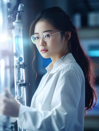 Unsucessful experiment Puzzled Asian woman chemist holds flask with pink liquid makes research in clinical laboratory wears protective glasses white coat Science chemistr : Generative AIの素材
