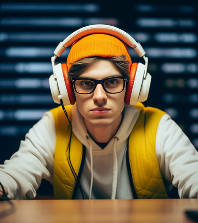 Closeup portrait lucky funny looking young hipster man plays on small guitar and listening music on digital tablet with headphones Face expression emotion : Generative AIの素材