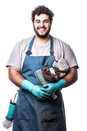 Unhappy indignant redhead man with thick bristle wears untidy t shirt rubber gloves carries heap of laundry has dirty face stands against blue background isnt eager to do : Generative AIの素材
