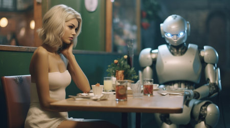 Affectionate woman imitates first date with lover stretches arm to layman doll while has dinner thinks on words to say plays imitation game simulates relationships being  : Generative AIの素材