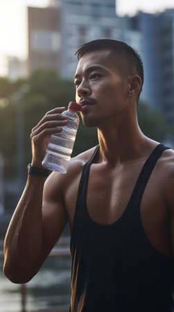 Attractive young dark skinned sportsman with short beard drinking water from bottle looking far away with thoughtful face expression dressed in black sleeveless shirt rel : Generative AIの素材