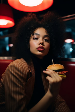 Attractive thoughtful woman with Afro hair looks aside has romantic mood imagines her lover comes on date in restaurant wipes mouth with napkin eats junk food many tasty  : Generative AIの素材