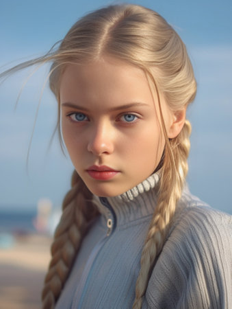 Beach break concept Photo of beautiful teenage girl has light hair tied in pony tail organic sunpaste on cheeks uses surf wax for good sliding on surfboard has active rec : Generative AIの素材
