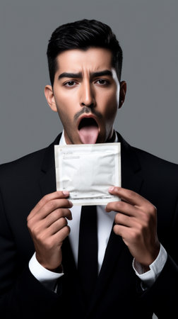 Darkskinned mixed raced male in formal wear covering his mouth trying to keep silence and to tell secret Tired student male yelling while wanting to sleep after sleepless : Generative AIの素材