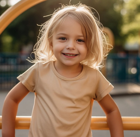 Closeup portrait of blond European little girl smiling with all her teeth Happy kid in sunny afternoon makes every parent feel good Childish smile is a source of positive : Generative AIの素材