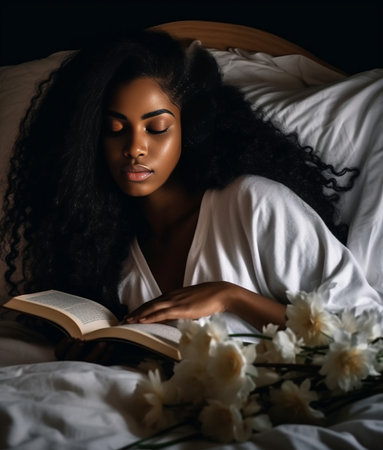 Close up shot of thoughtful dark skinned girl writes something in diary or notebook dressed casually lies in bed enjoys domestic peaceful atmosphere during morning time P : Generative AIの素材
