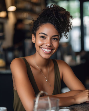 Close up shot of pretty African American female demonstrates white perfect teeth as smiles broadly being in good mood after promotion at work comes at cafe to celebrate t : Generative AIの素材
