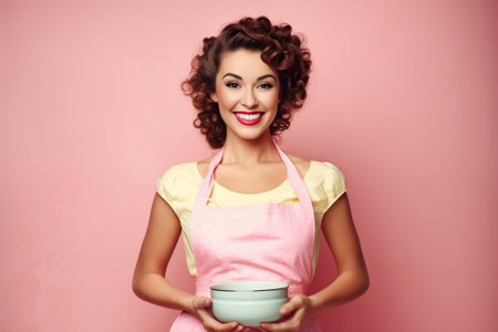 Cheerful dreamy brunette housewife with dark hair poses near basket full of dirty laundry has dirty face isolated over pink background being busy domestic chores Housewor : Generative AIの素材
