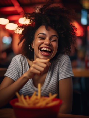 Close up shot of adorable African American woman has broad smile wears striped t shirt being in good mood rests in cafeteria with best friends Smiling dark skinned young  : Generative AIの素材