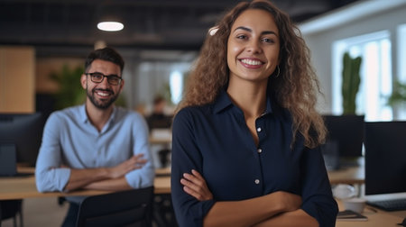 Creative team of two happy male and female colleagues in casual clothes standing at desk looking at camera and smiling broadly after they presented their common project t : Generative AIの素材