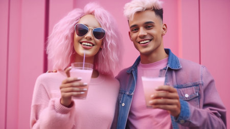 Emotional positive African American woman and man have fun with paper coffee cups shout and listen attentively have joyful expressions wear casual pink clothes isolated o : Generative AIの素材